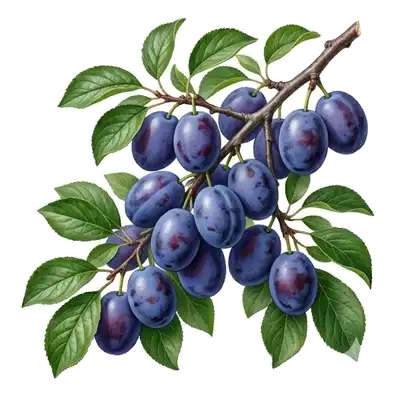 Branches d'un prunier chargées de belles quetsches allongées et violettes, recouvertes de leur pruine claire naturelle
