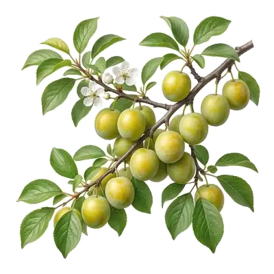 Belles prunes Reine-Claude parfaitement rondes, lisses et d'un vert jaunâtre pruineux, prêtes à être cueillies de l'arbre