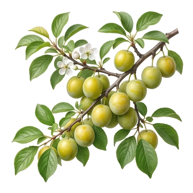 Belles prunes Reine-Claude parfaitement rondes, lisses et d'un vert jaunâtre pruineux, prêtes à être cueillies de l'arbre