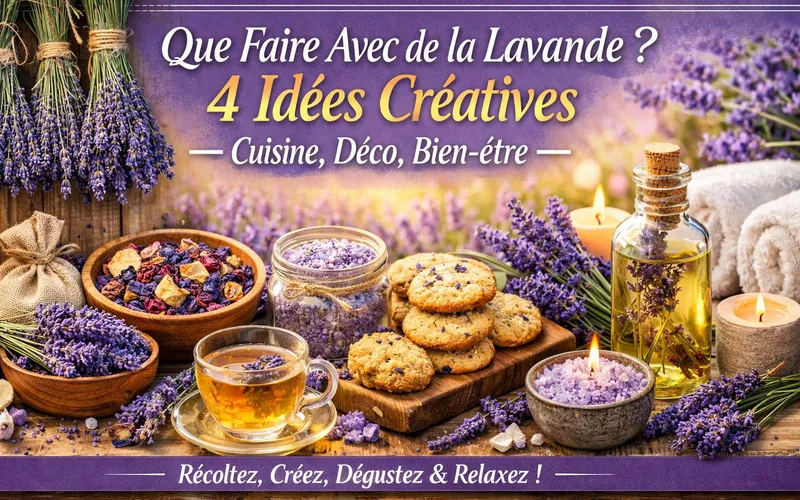 Atelier créatif autour de la lavande présentant des biscuits aux fleurs, une tasse d'infusion, de l'huile essentielle et des sachets parfumés sur une table