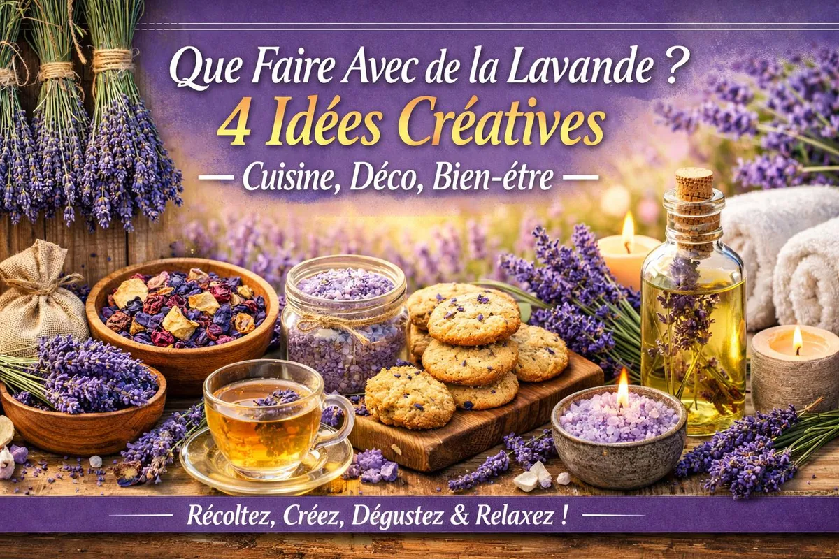 Atelier créatif autour de la lavande présentant des biscuits aux fleurs, une tasse d'infusion, de l'huile essentielle et des sachets parfumés sur une table