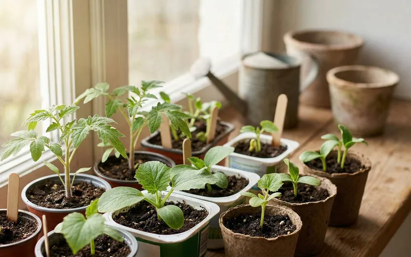 Différents godets de semis de tomates et de courgettes installés sur le rebord intérieur d'une fenêtre lumineuse à côté d'un petit arrosoir