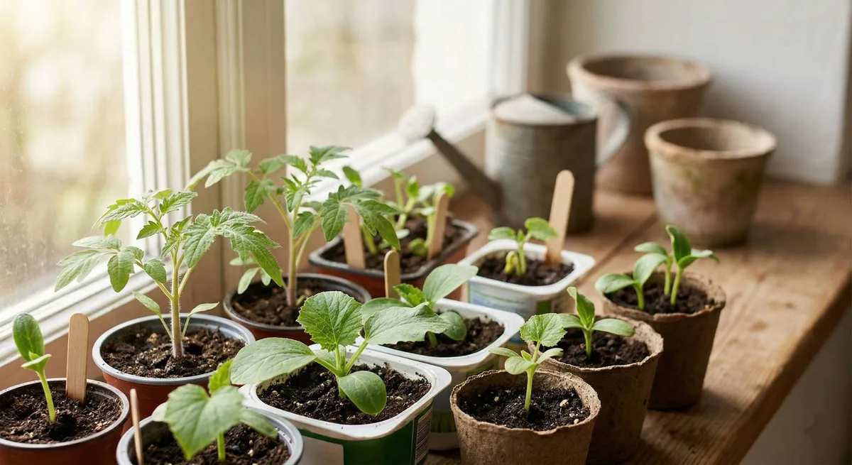 Différents godets de semis de tomates et de courgettes installés sur le rebord intérieur d'une fenêtre lumineuse à côté d'un petit arrosoir