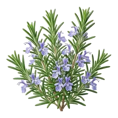 Rameaux d'un buisson de romarin ligneux garnis de feuilles en forme de fines aiguilles persistantes vertes