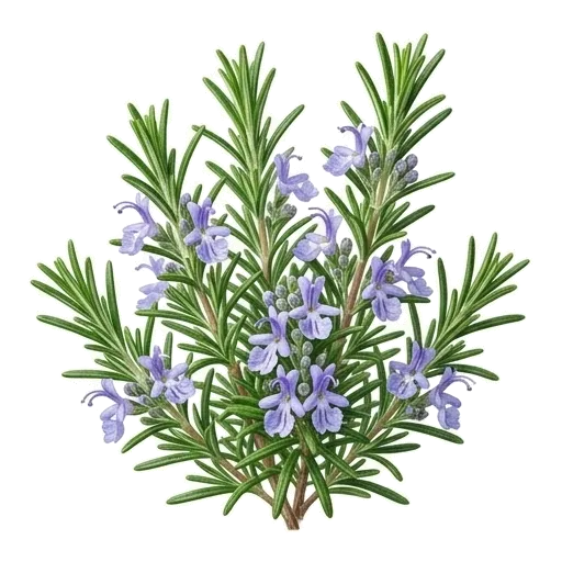 Rameaux d'un buisson de romarin ligneux garnis de feuilles en forme de fines aiguilles persistantes vertes