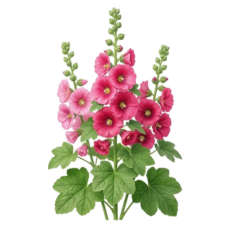 Haute et majestueuse hampe florale de rose trémière garnie de grandes fleurs en corolle évasée aux couleurs pastel