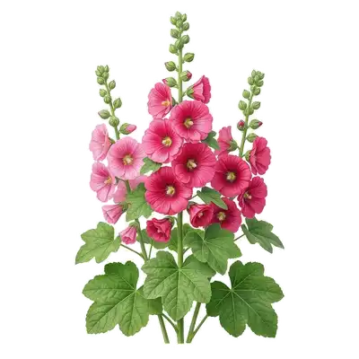 Haute et majestueuse hampe florale de rose trémière garnie de grandes fleurs en corolle évasée aux couleurs pastel