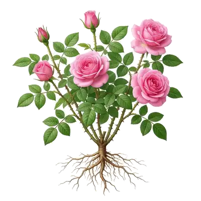 Magnifique rosier buisson compact en pleine floraison avec de grandes roses parfumées et un feuillage vert sombre épineux