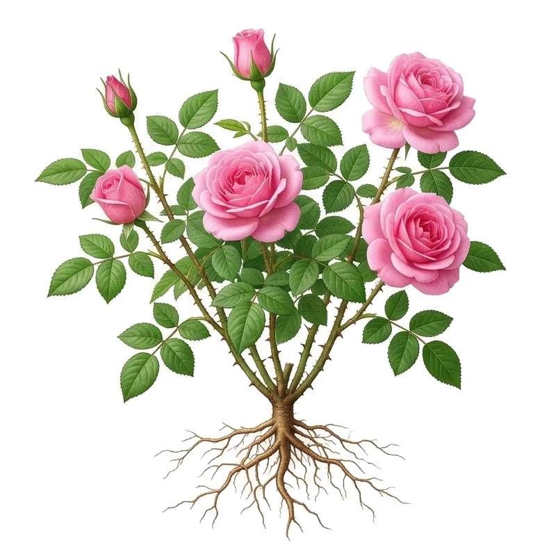 Magnifique rosier buisson compact en pleine floraison avec de grandes roses parfumées et un feuillage vert sombre épineux