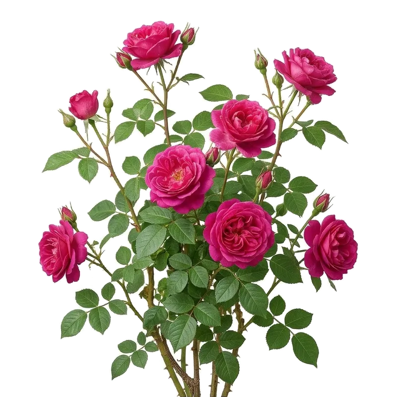 Longues branches robustes d'un rosier grimpant palissées avec soin, foisonnant de superbes roses pleinement épanouies