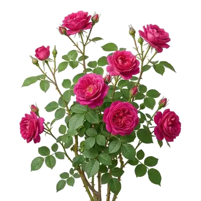 Longues branches robustes d'un rosier grimpant palissées avec soin, foisonnant de superbes roses pleinement épanouies