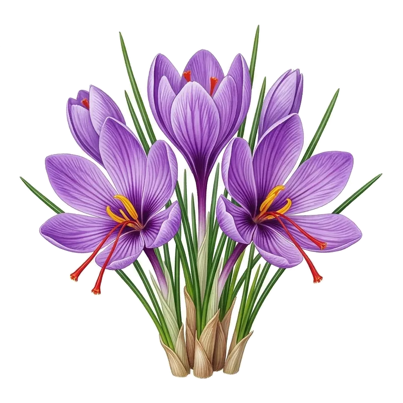 Délicate fleur violette de crocus à safran s'ouvrant pour laisser dépasser ses trois précieux et longs stigmates rouge vif