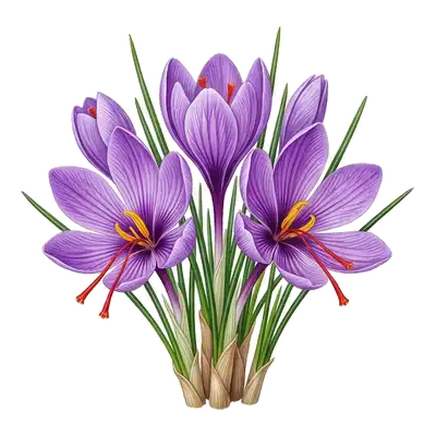 Délicate fleur violette de crocus à safran s'ouvrant pour laisser dépasser ses trois précieux et longs stigmates rouge vif