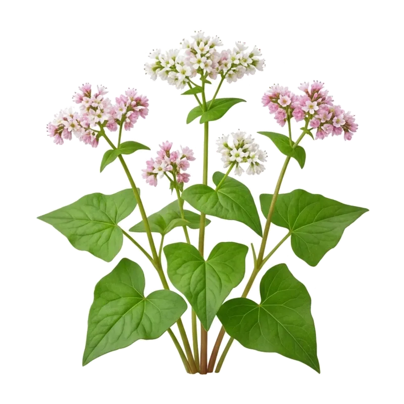 Vigoureuses tiges rougeâtres d'un plant de sarrasin au feuillage cordiforme, dévoilant de jolies grappes de minuscules fleurs blanches
