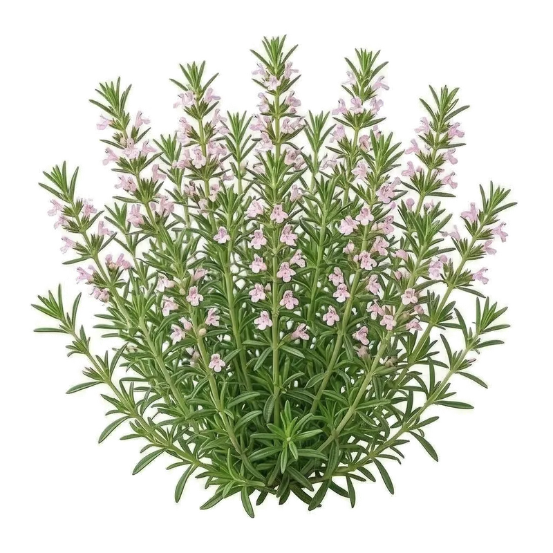 Petit buisson compact de sarriette couvert de fines tiges feuillues vert foncé et de minuscules fleurs blanches