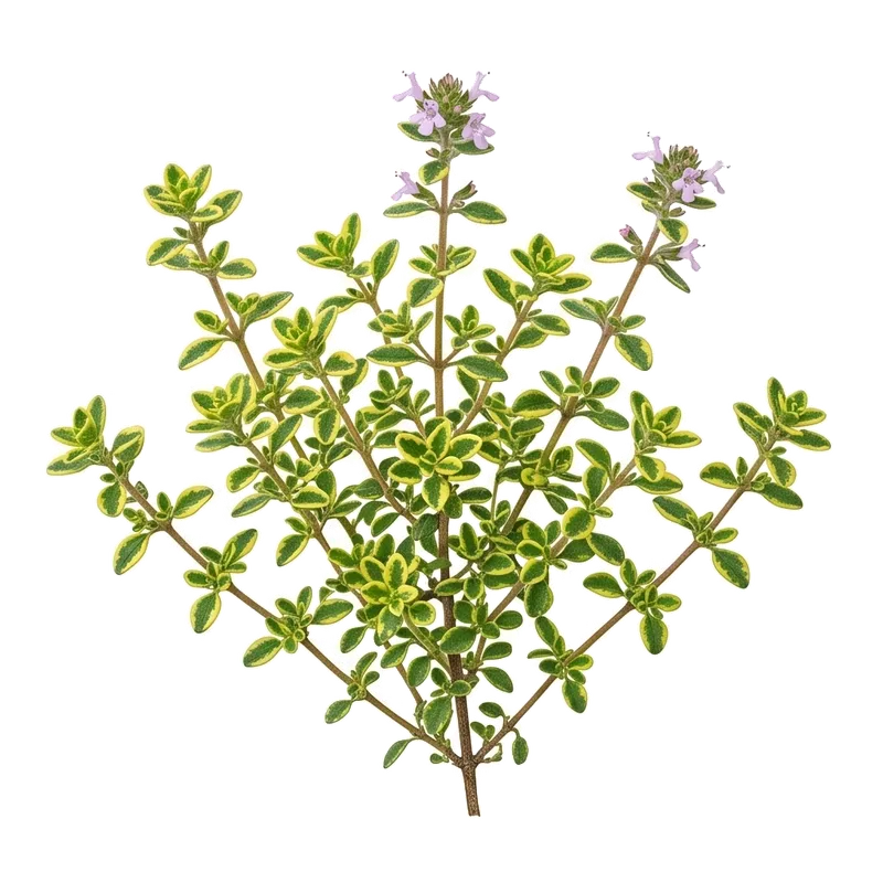 Coussin végétal bas et très fourni de thym citron, orné d'un magnifique feuillage aromatique subtilement panaché de teintes vertes et jaune vif