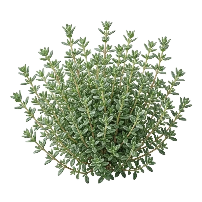 Petit buisson compact et ramifié de thym commun avec ses minuscules feuilles gris-vert très aromatiques