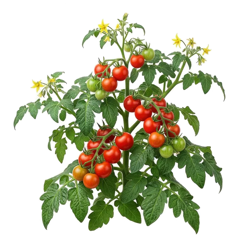 Grappe généreuse de petites tomates cerises rouges et brillantes, prêtes à être récoltées sur le plant