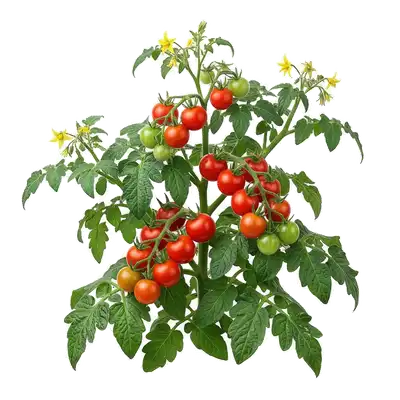 Grappe généreuse de petites tomates cerises rouges et brillantes, prêtes à être récoltées sur le plant