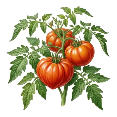 Grosse tomate Cœur de Bœuf rougeoyante et charnue, à la forme nervurée si caractéristique, mûrissant sur sa tige