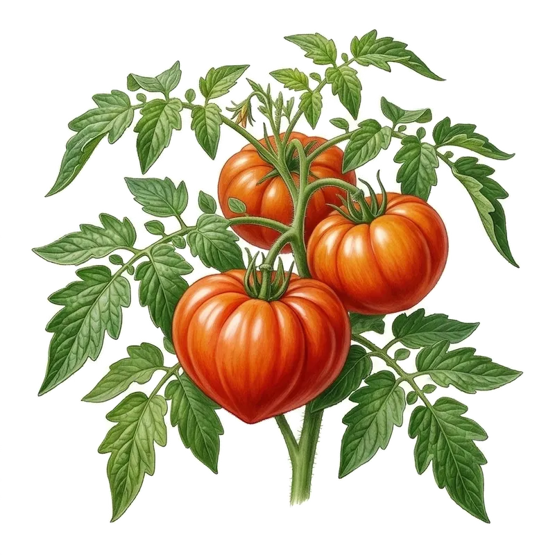 Grosse tomate Cœur de Bœuf rougeoyante et charnue, à la forme nervurée si caractéristique, mûrissant sur sa tige