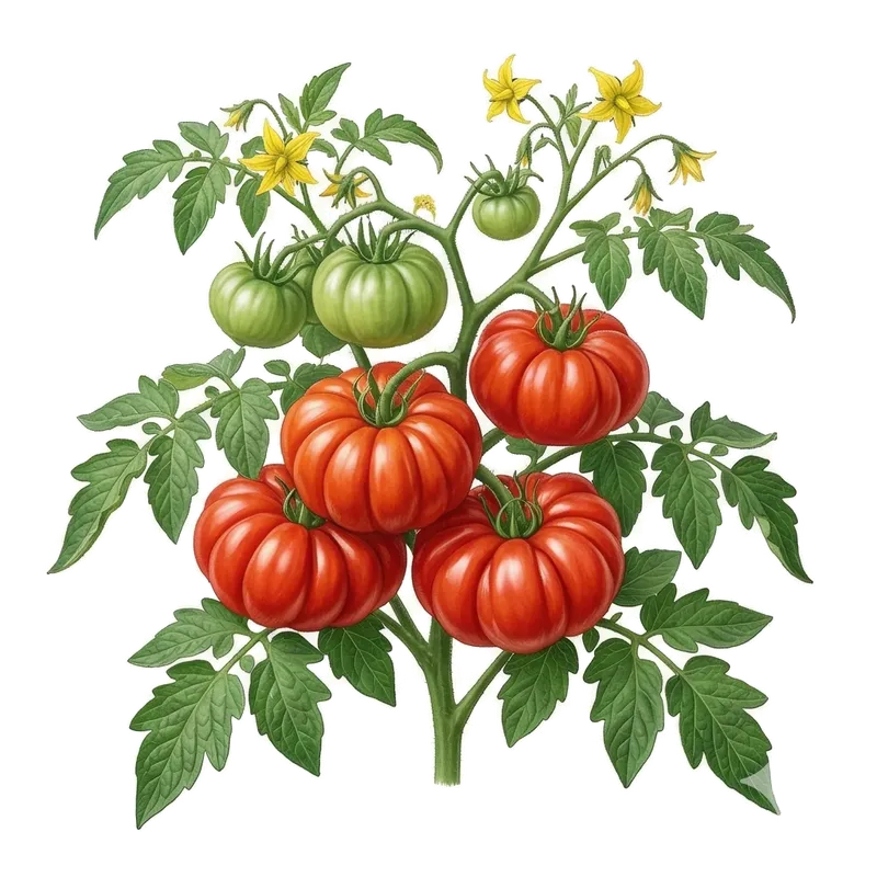Superbes tomates Marmande rouges, larges et fortement côtelées, mûrissant en grappe sur leur plant baigné de soleil