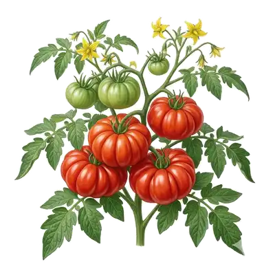 Superbes tomates Marmande rouges, larges et fortement côtelées, mûrissant en grappe sur leur plant baigné de soleil
