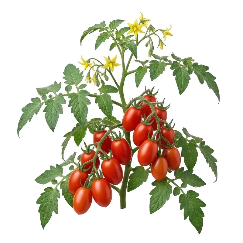 Belle grappe de tomates Roma rouges, allongées et bien charnues, mûrissant au soleil accrochées à leur tige