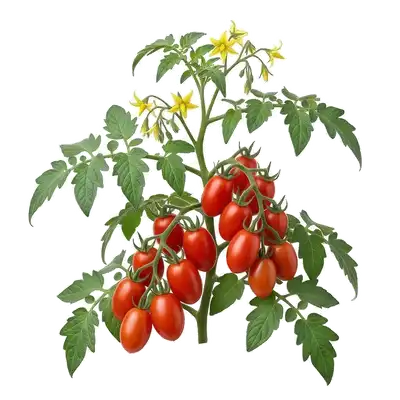 Belle grappe de tomates Roma rouges, allongées et bien charnues, mûrissant au soleil accrochées à leur tige