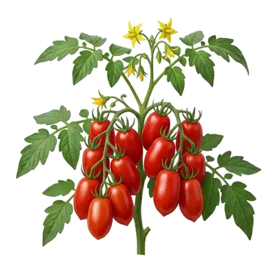 Grappe pendante de belles tomates San Marzano rouge vif, à la forme charnue très allongée et cylindrique idéales pour la sauce