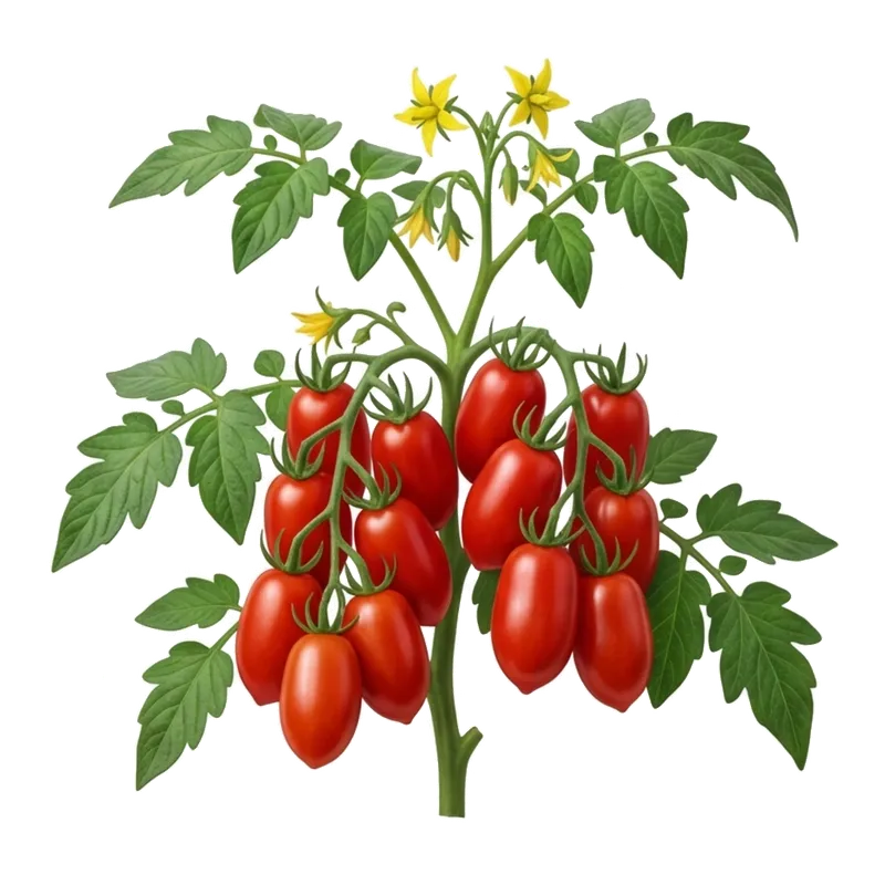 Grappe pendante de belles tomates San Marzano rouge vif, à la forme charnue très allongée et cylindrique idéales pour la sauce