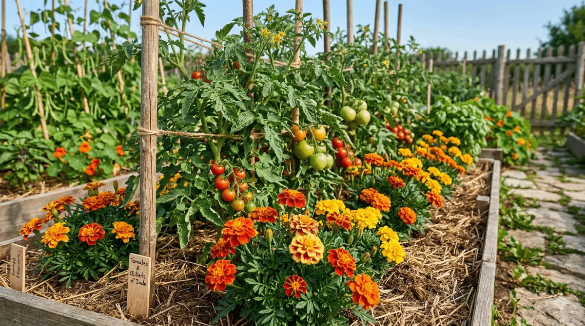 Pieds de tomates tuteurés en pleine croissance associés à des œillets d'Inde orange et jaunes fleuris sur un lit de paillis de paille