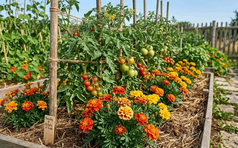 Pieds de tomates tuteurés en pleine croissance associés à des œillets d'Inde orange et jaunes fleuris sur un lit de paillis de paille