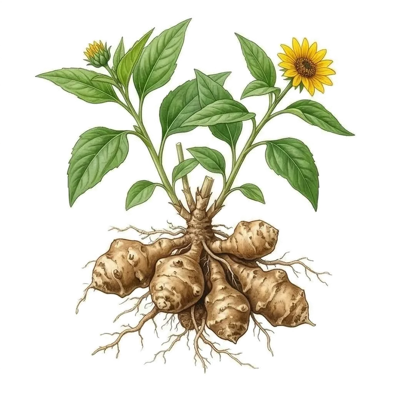 Tubercules noueux de topinambour à la peau irrégulière rosée et beige, déterrés au pied de leurs hautes tiges sèches