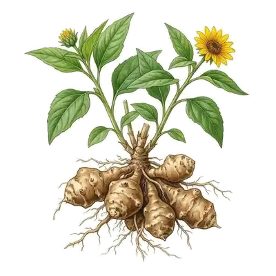 Tubercules noueux de topinambour à la peau irrégulière rosée et beige, déterrés au pied de leurs hautes tiges sèches