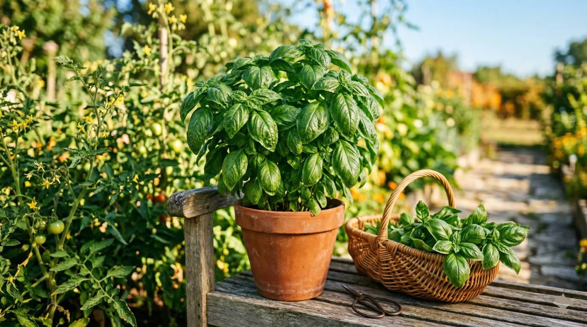 Plant de basilic grand vert touffu cultivé en pot en terre cuite posé sur un banc en bois à côté d'un panier rempli de feuilles récoltées au potager