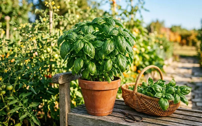 Plant de basilic grand vert touffu cultivé en pot en terre cuite posé sur un banc en bois à côté d'un panier rempli de feuilles récoltées au potager