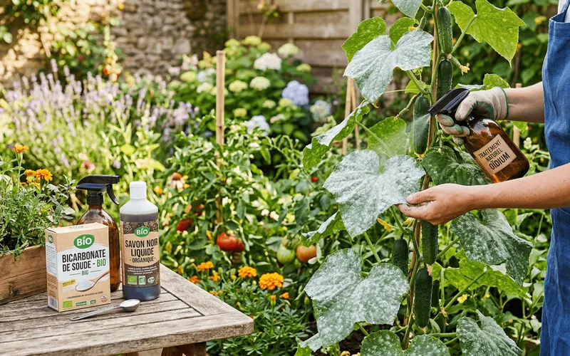 Jardinier pulvérisant un traitement bio à base de bicarbonate de soude sur les feuilles de concombres atteintes par l'oïdium au potager