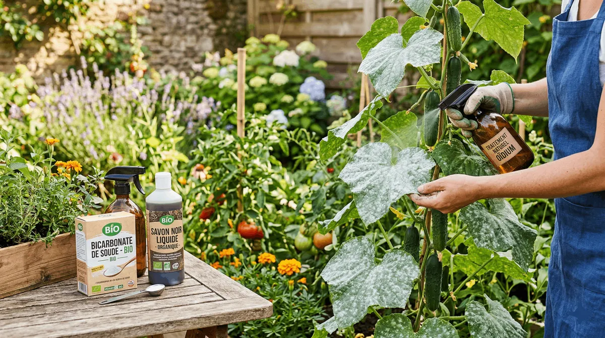 Jardinier pulvérisant un traitement bio à base de bicarbonate de soude sur les feuilles de concombres atteintes par l'oïdium au potager