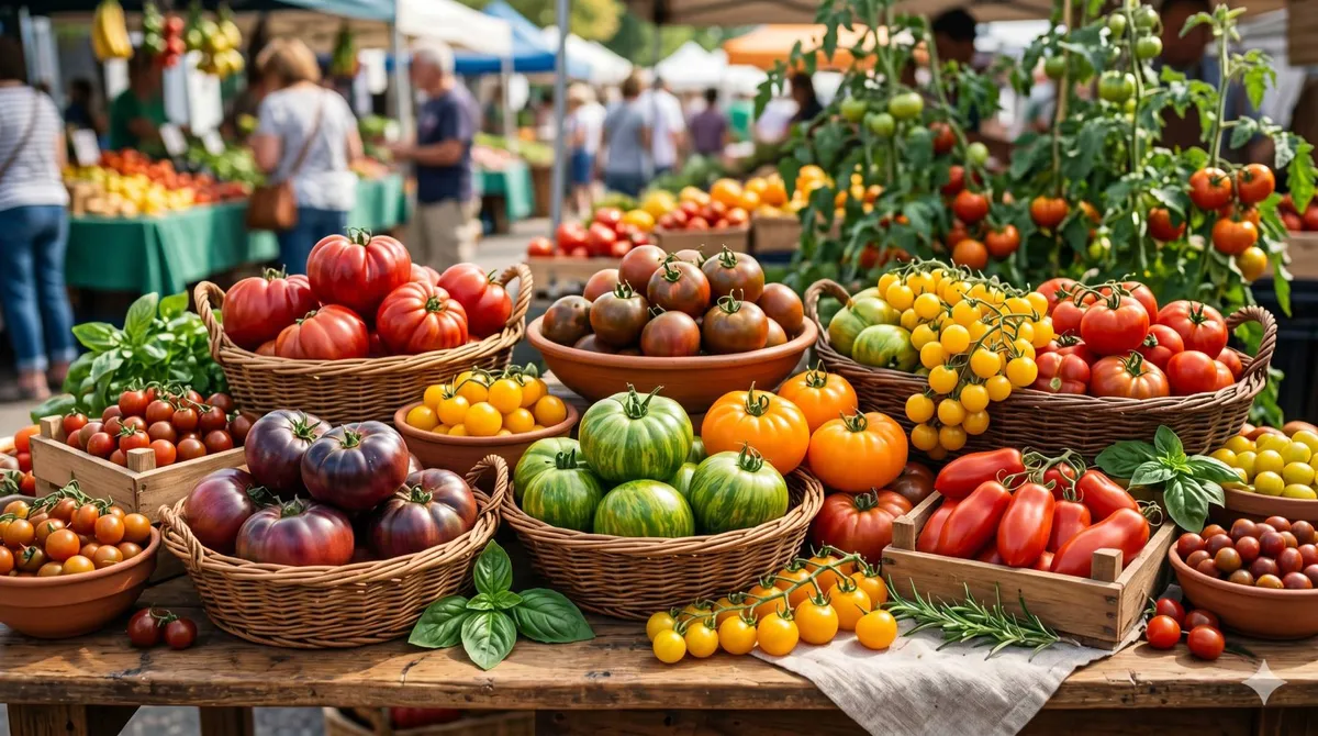 Paniers en osier et poteries remplis de multiples variétés de tomates anciennes rouges, jaunes, vertes et noires sur un étal de marché