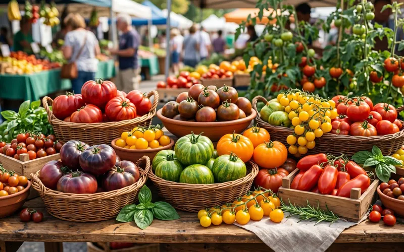 Paniers en osier et poteries remplis de multiples variétés de tomates anciennes rouges, jaunes, vertes et noires sur un étal de marché