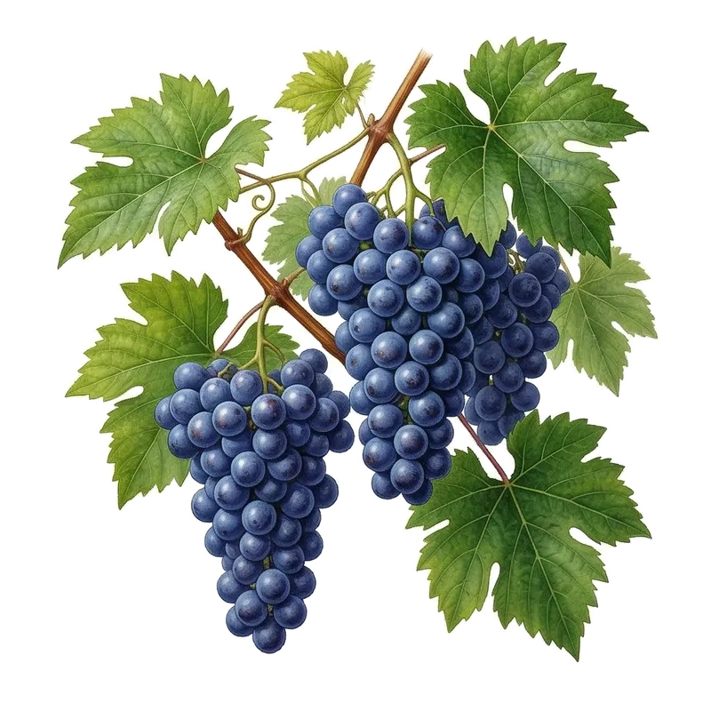 Superbe et volumineuse grappe de raisins gorgés de jus, suspendue à un cep de vigne entourée de larges feuilles vertes