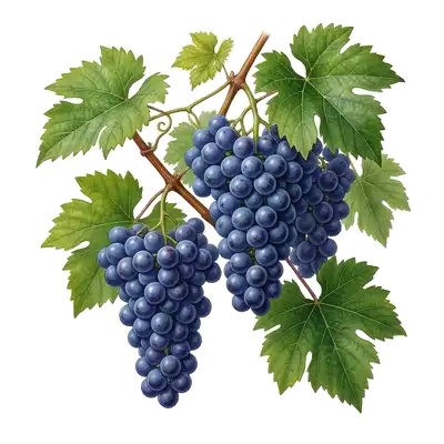 Superbe et volumineuse grappe de raisins gorgés de jus, suspendue à un cep de vigne entourée de larges feuilles vertes