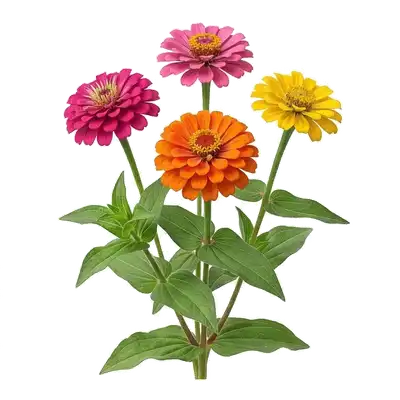 Grosses fleurs de zinnia très lumineuses et doubles, déployant leurs couronnes de pétales vibrants roses, rouges et jaunes
