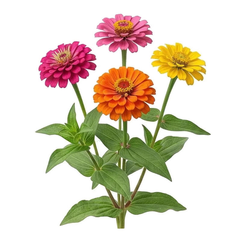 Grosses fleurs de zinnia très lumineuses et doubles, déployant leurs couronnes de pétales vibrants roses, rouges et jaunes